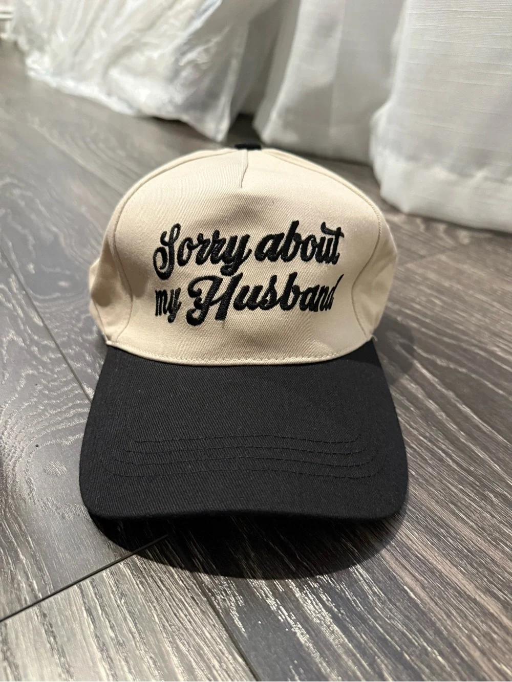 Sorry About My Husband Embroidered Two-Tone Cap - Black and Cream